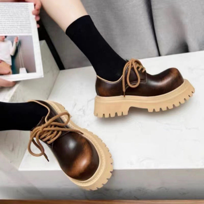 Women's & Men's Mickey Big Head Derby British Style Thick Bottom Round Leather Shoes