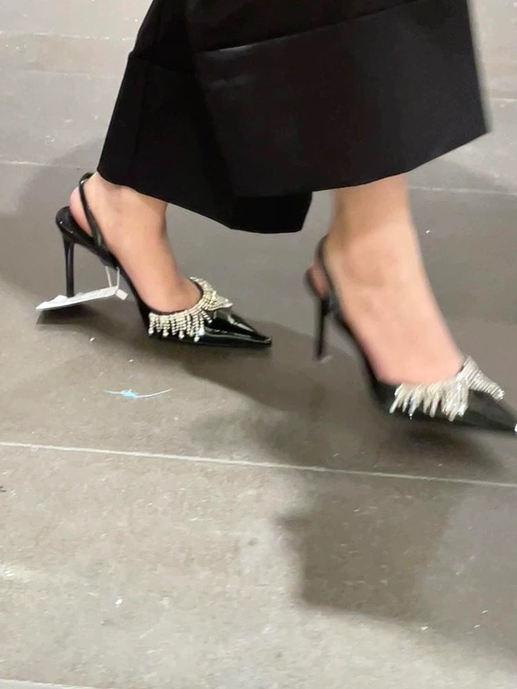Women's Rhinestone Tassel High Patent Sexy Pointed Heels