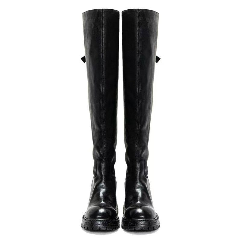 Combat Round Toe Pleated Chunky Thigh High Boots