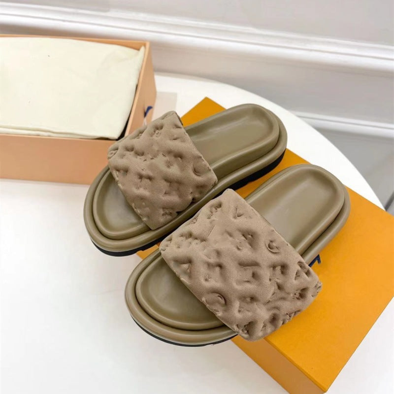 Women's & Men's Velcro Thick-soled Silk Satin Embossed One-word Sandals