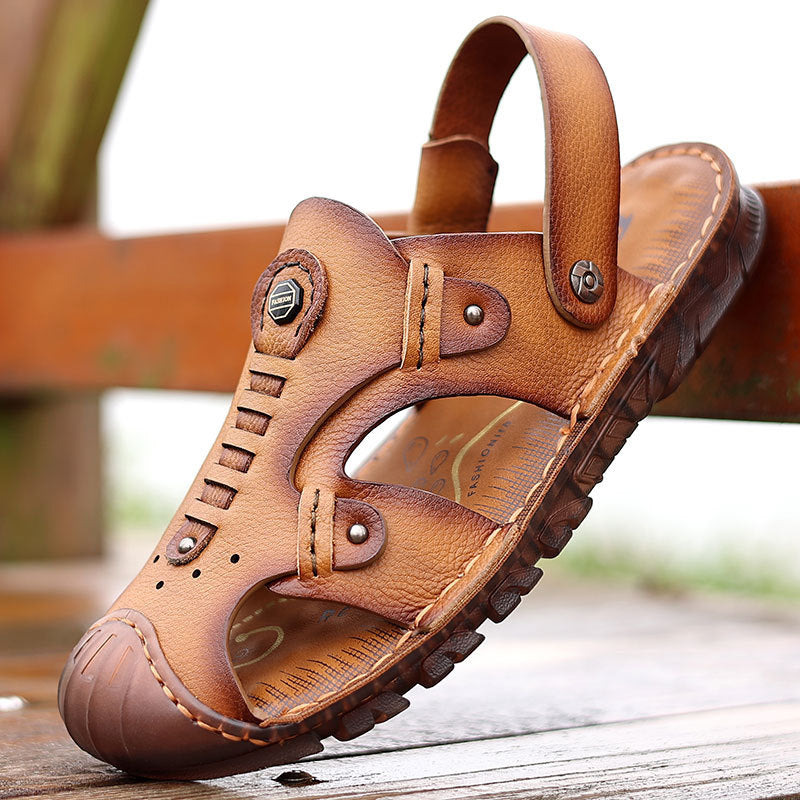 Men's Cowhide Closed Toe Two-way Breathable Genuine Beach Sandals