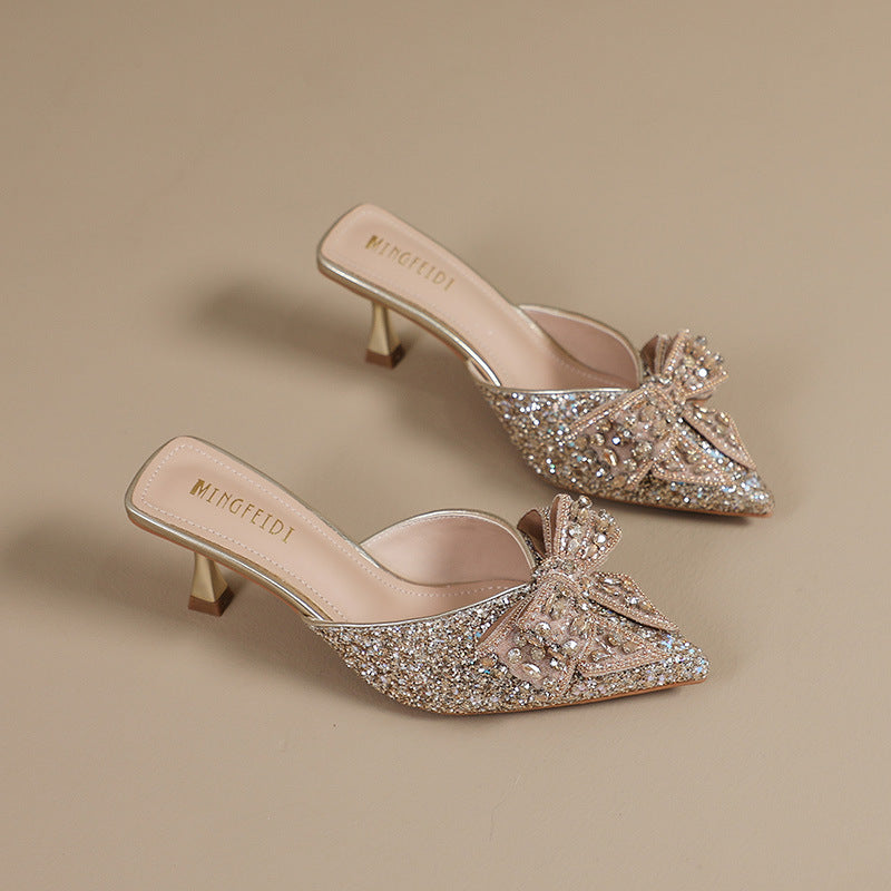 Women's Rhinestone Bow Closed Toe Half Summer Heels