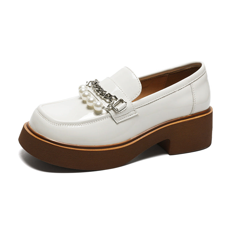 Women's Thick-soled Glossy Pearl Chain Slip-on Uniform Casual Shoes
