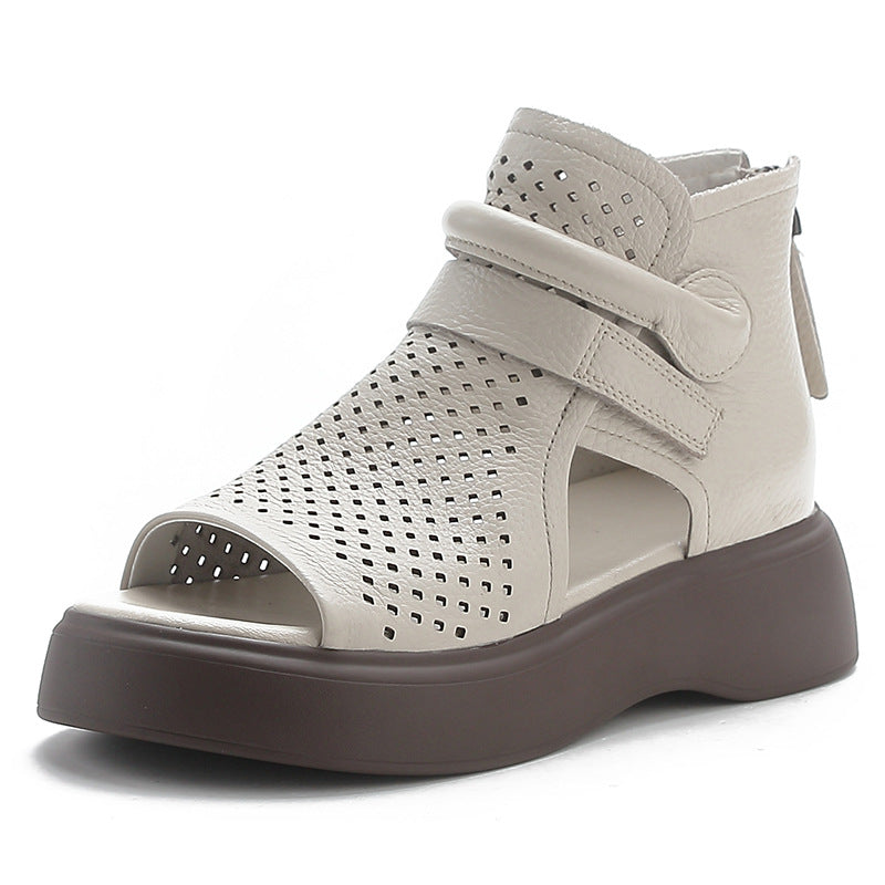 Women's Cowhide Platform Hollow Peep Toe Roman Genuine Retro Sandals