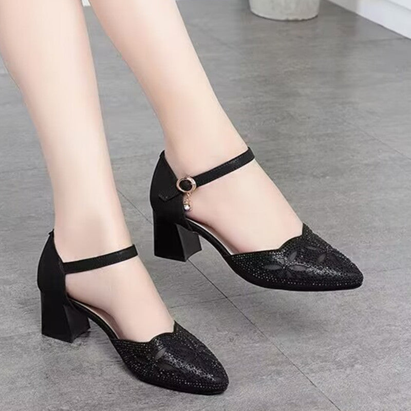 Women's Summer Mesh Thick Toe Box Hollow Heels