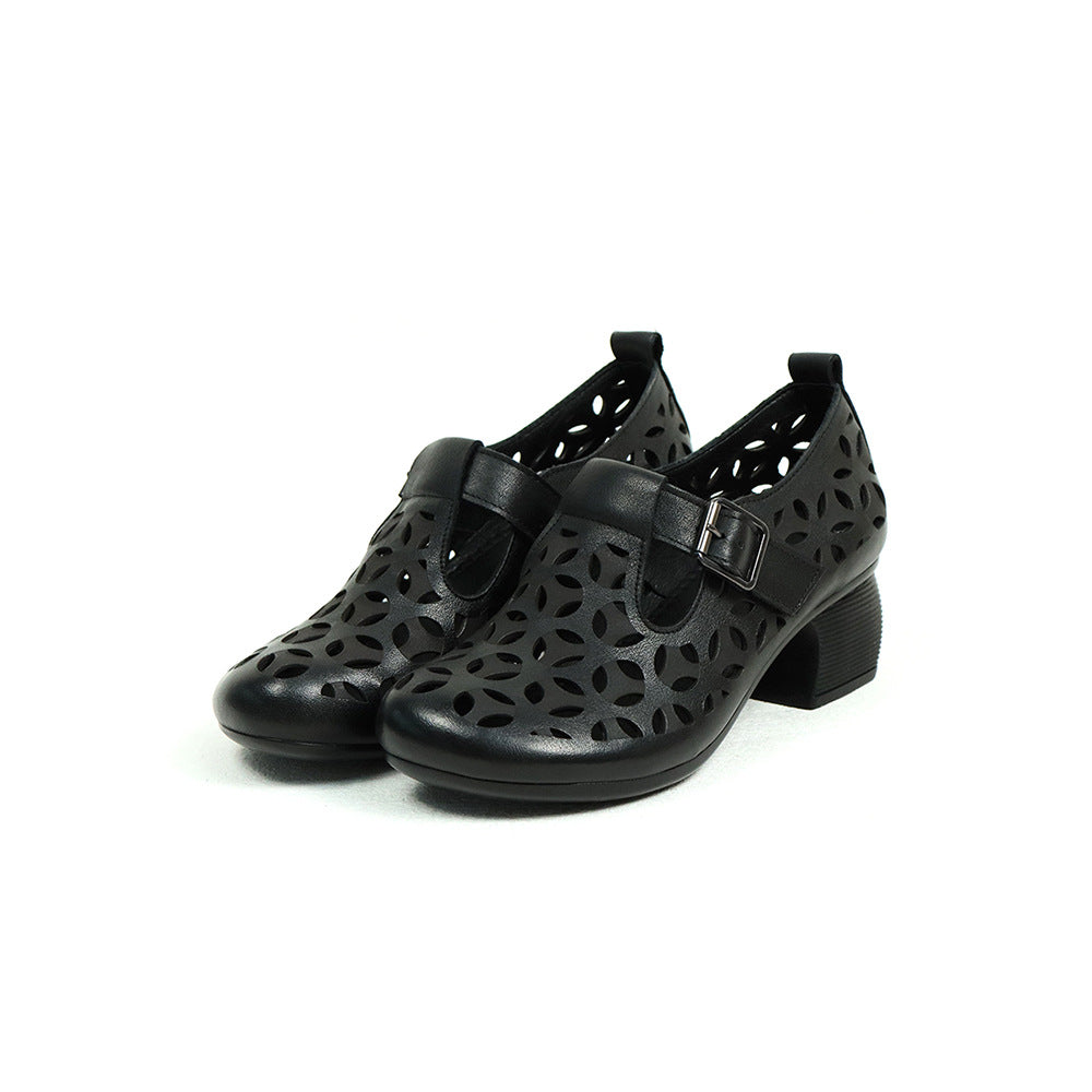 Women's Genuine Ethnic Wind Chunky Low-cut Hollow Heels