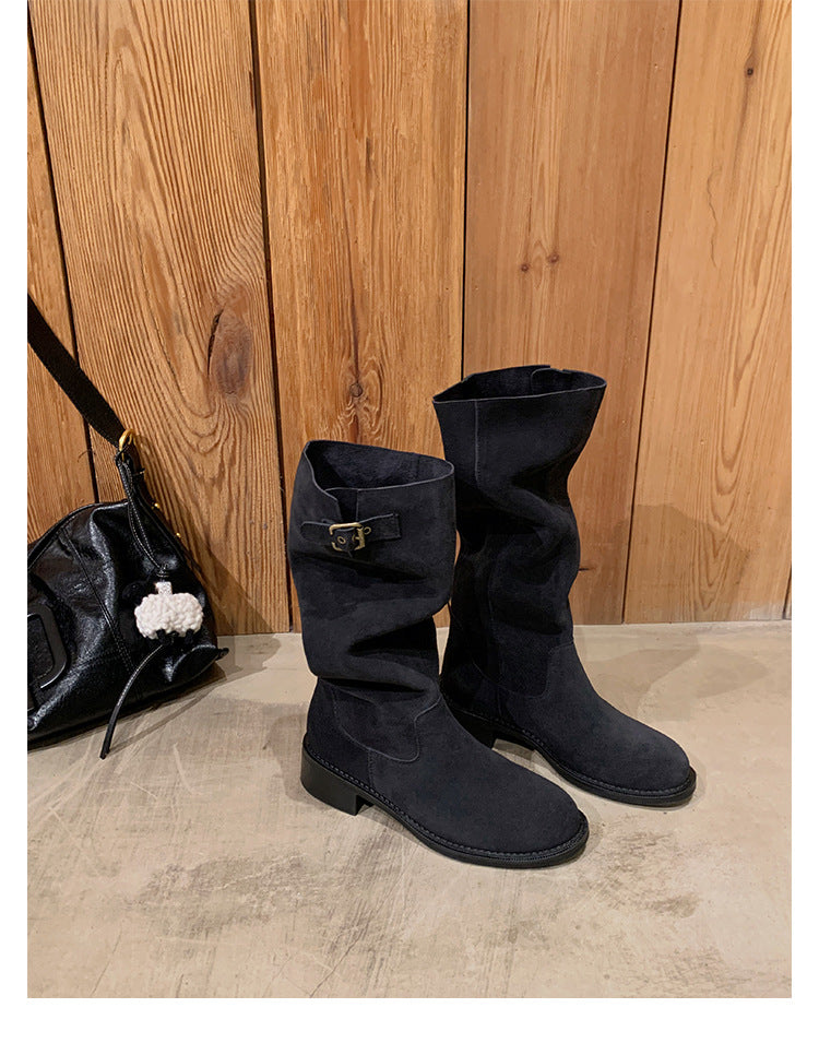 Head Buckled Chunky Below The Knee Boots