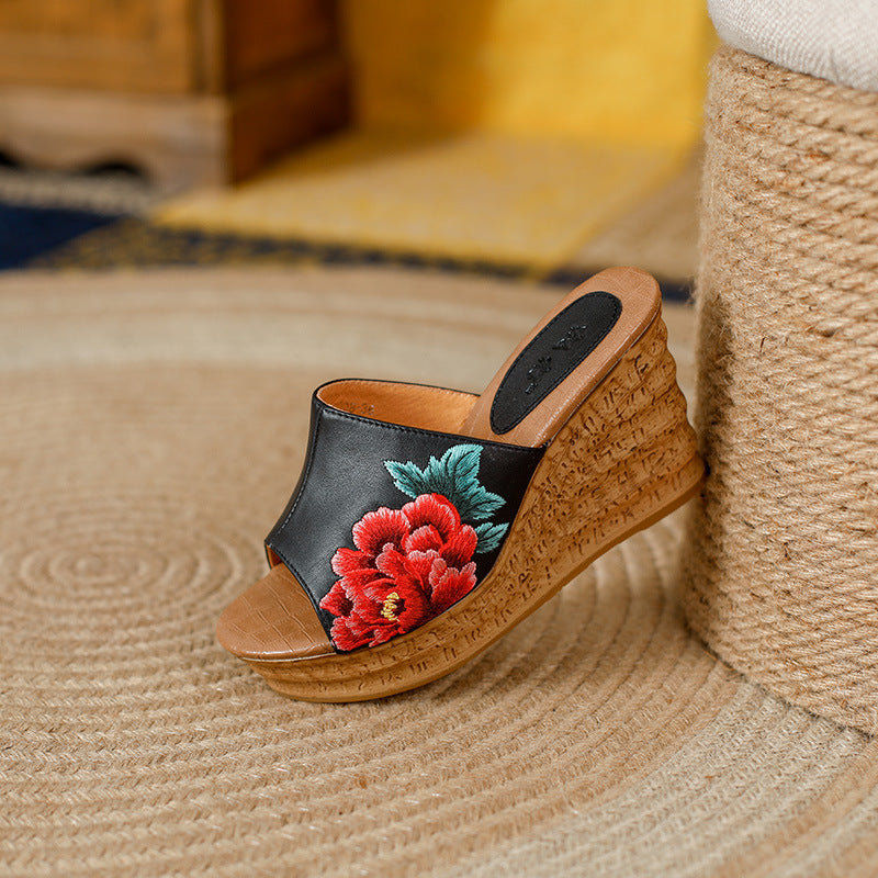 Style Peep Toe Soft Bottom Comfortable Embroidered Wedge Slip-on Sandals