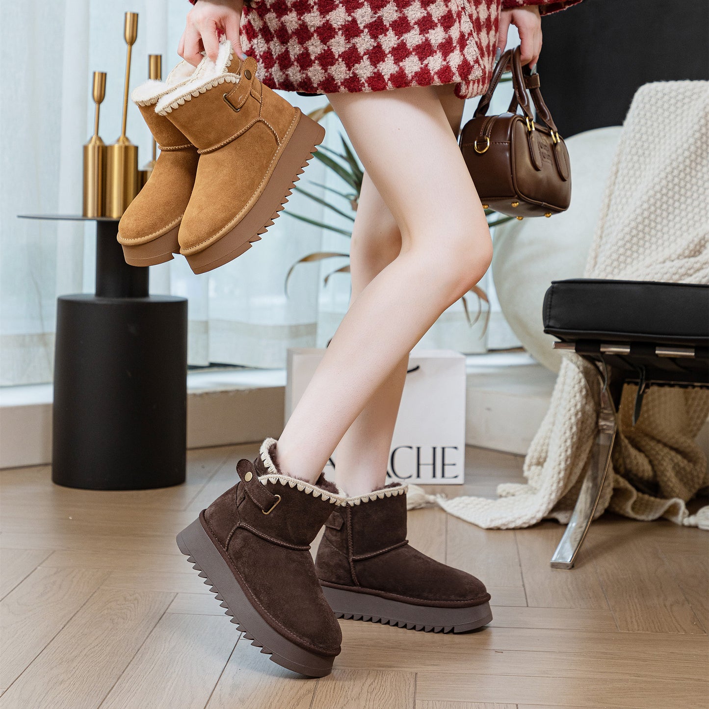 Women's Fur Winter Thick Bottom Warm Short Tube Woven Belt Snow Boots