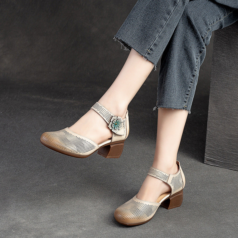 Women's Velcro Small High Round Toe Vintage Heels