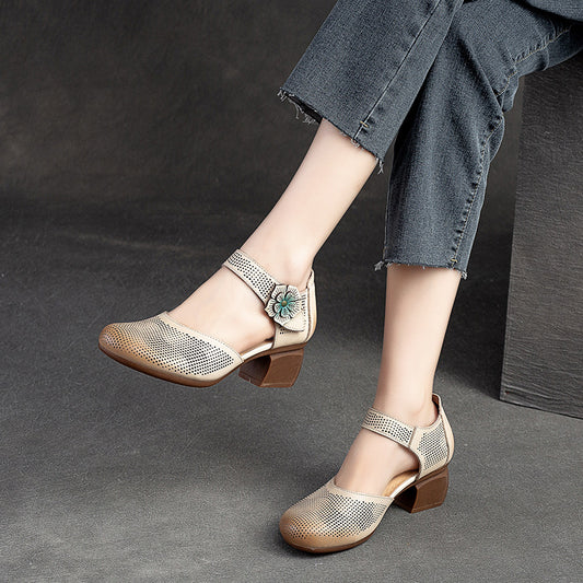 Women's Velcro Small High Round Toe Vintage Heels