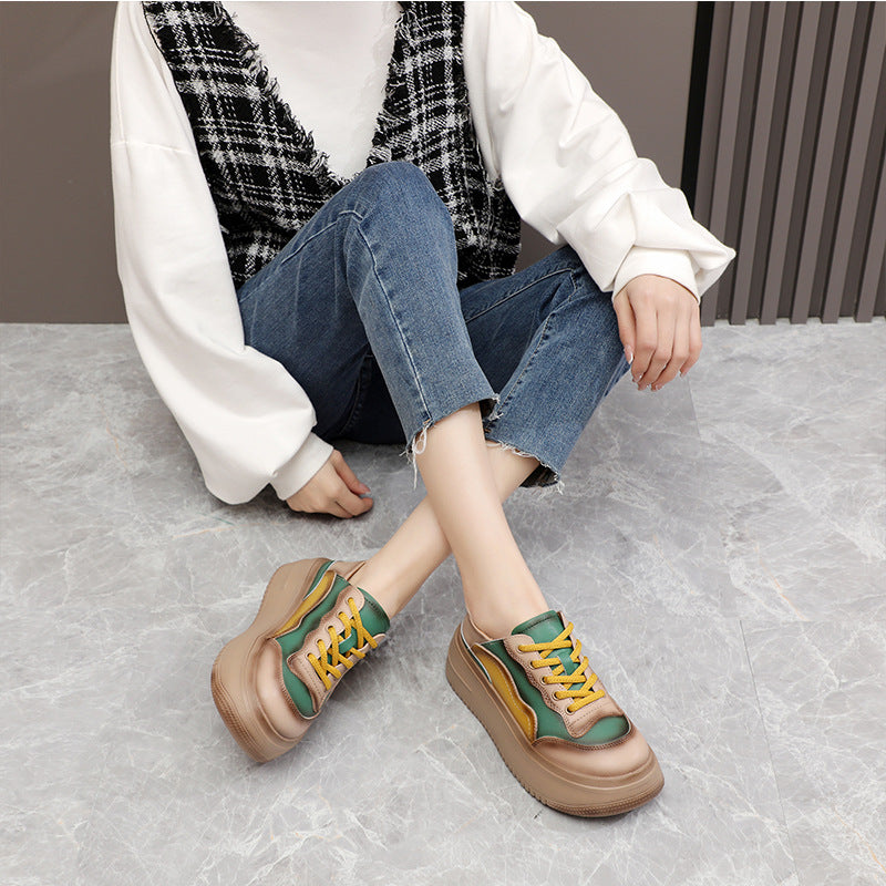 Women's Spring Color Matching Trendy Cowhide Lace Up Muffin Bottom Loafers