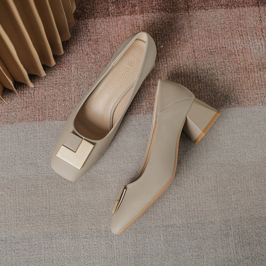 Women's Spring Square Toe Genuine Chunky Fashion Casual Shoes