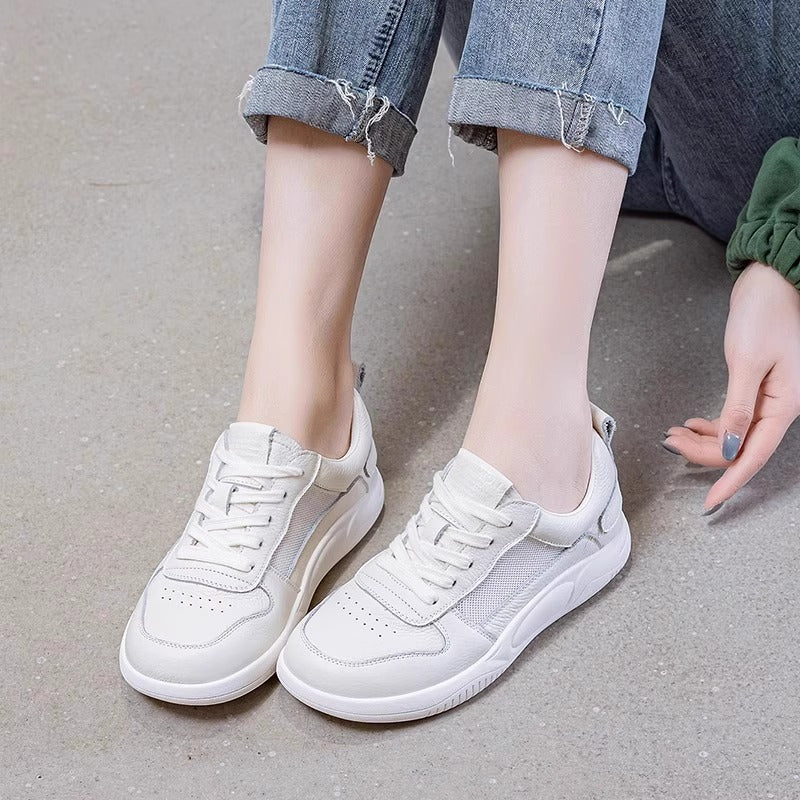 Women's Cowhide Mesh Surface White Flat Pumps Soft Bottom Comfortable Sports Women's Casual Shoes