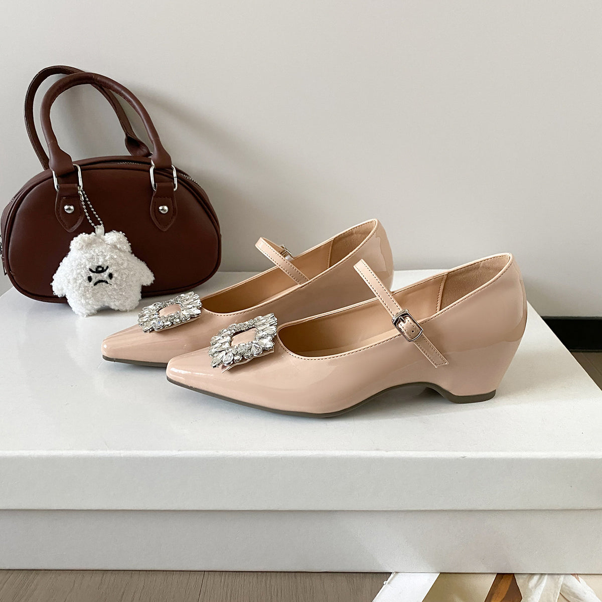 Women's Increasing Insole French Rhinestone Mary Jane Word Buckled Chunky Outer Women's Fashion Shoes