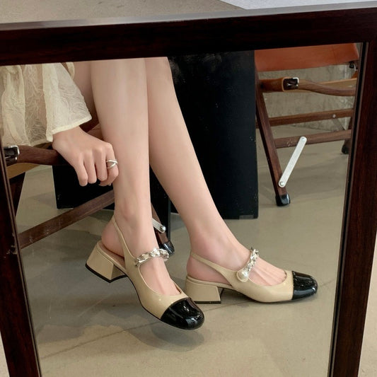 Women's Style Pearl Chain Low-cut Back Empty Heels