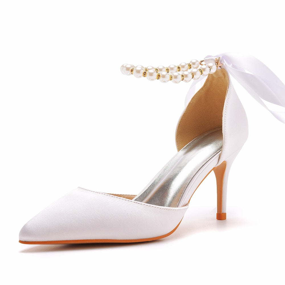 Women's & Men's Plus Size Banquet Ribbon Beaded High Satin Heels