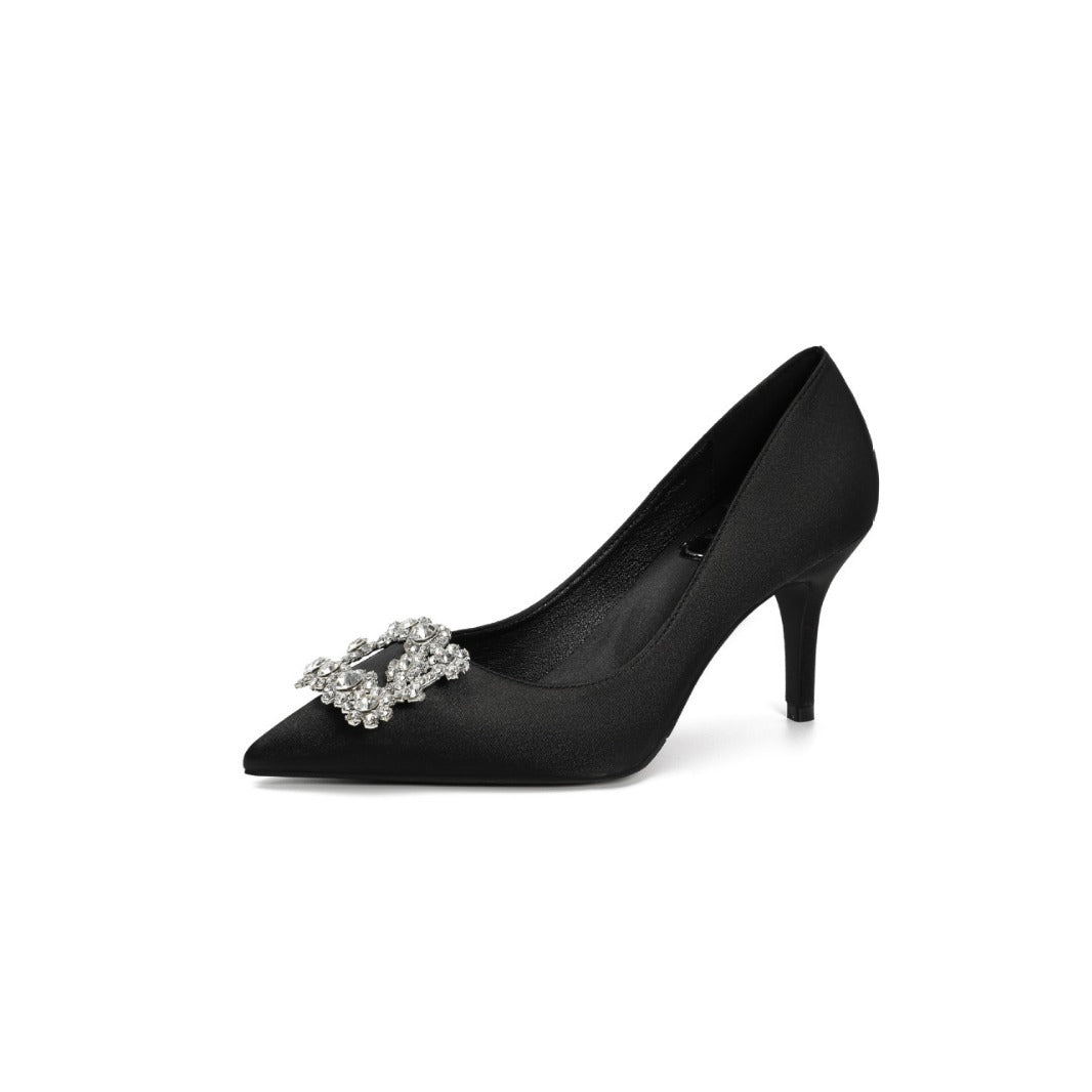 Women's Square Buckle Satin Black Single-layered Low-cut Women's Shoes