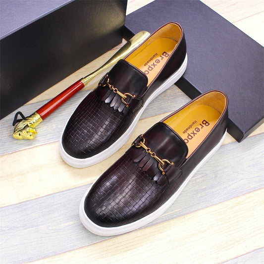 Men's Toe Pumps Flat Woven Pattern Handmade Leather Shoes
