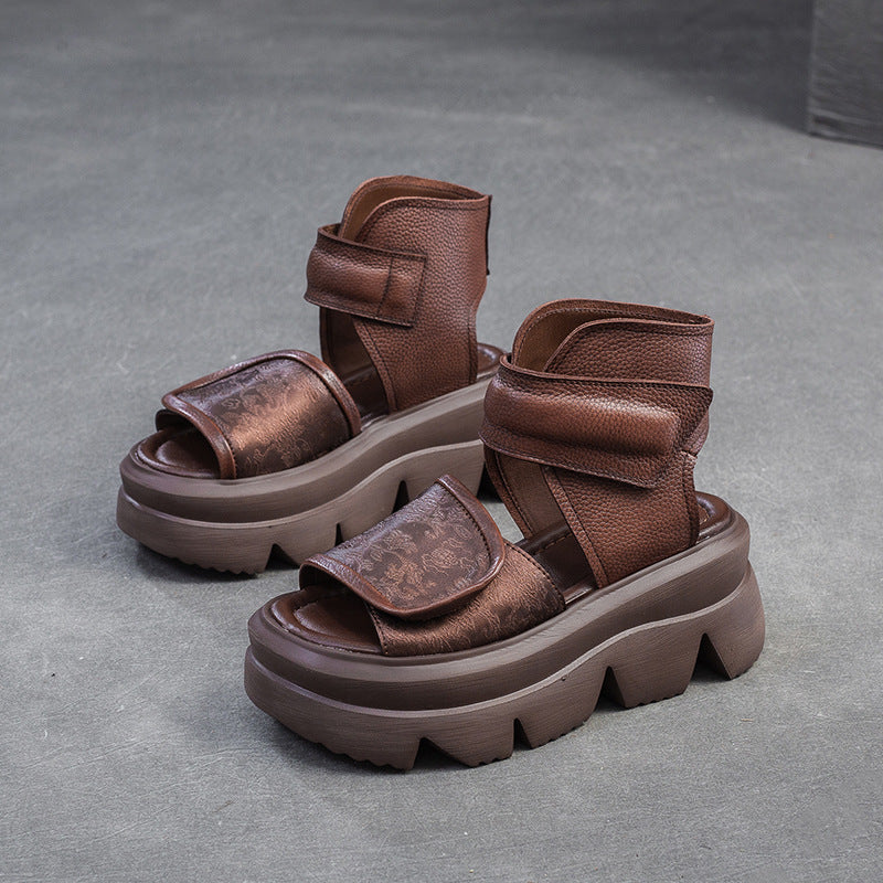 Women's Cowhide Summer Platform Hollow Breathable National Style Fish Sandals