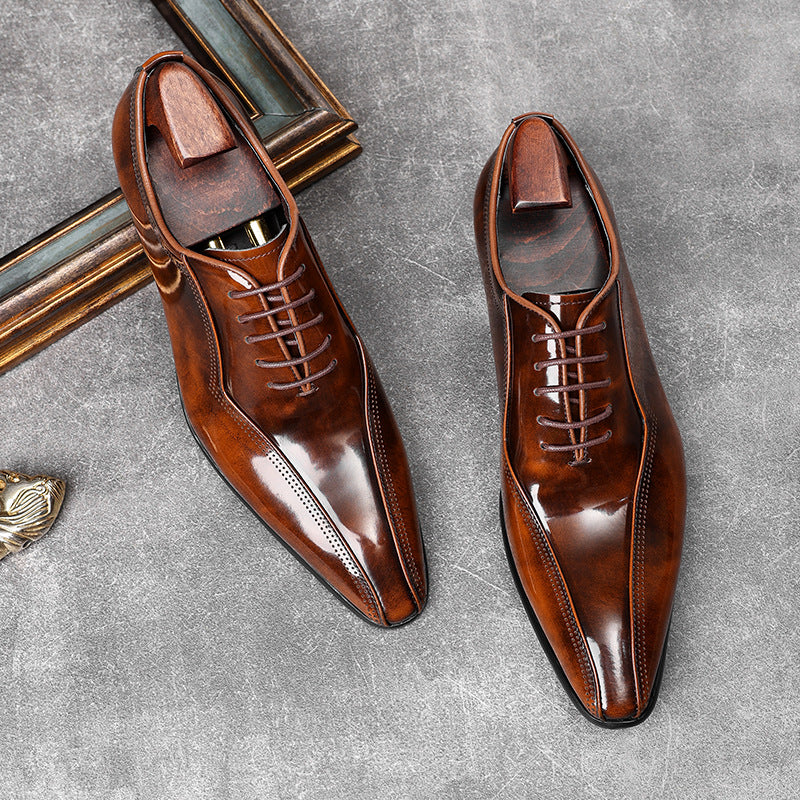 Men's Top Layer Cowhide Slit Bead Polished Gentleman Leather Shoes
