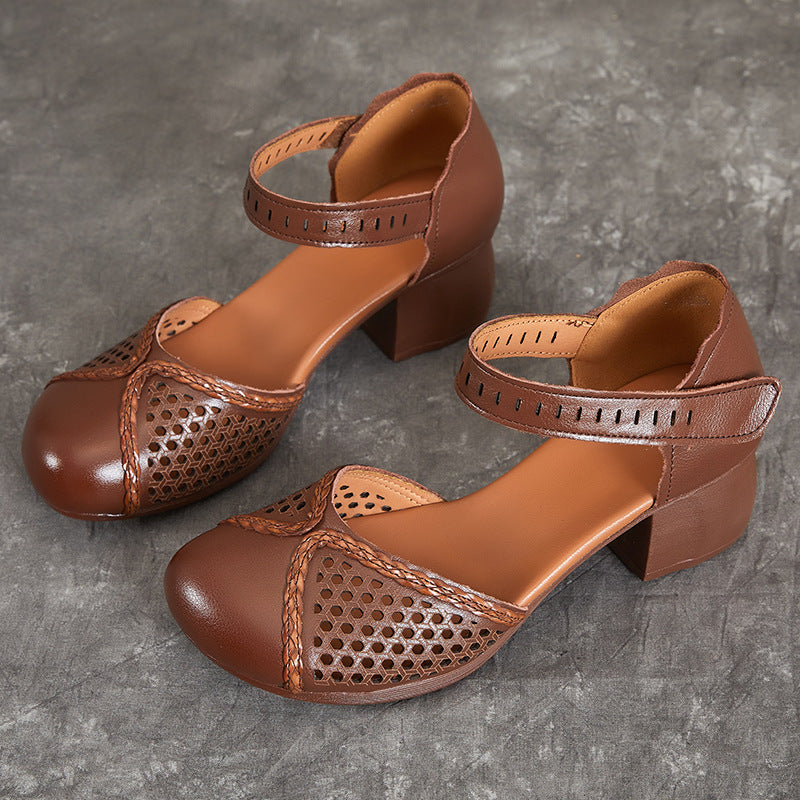 Women's Summer Top Layer Cowhide Thick Soft Bottom Heels