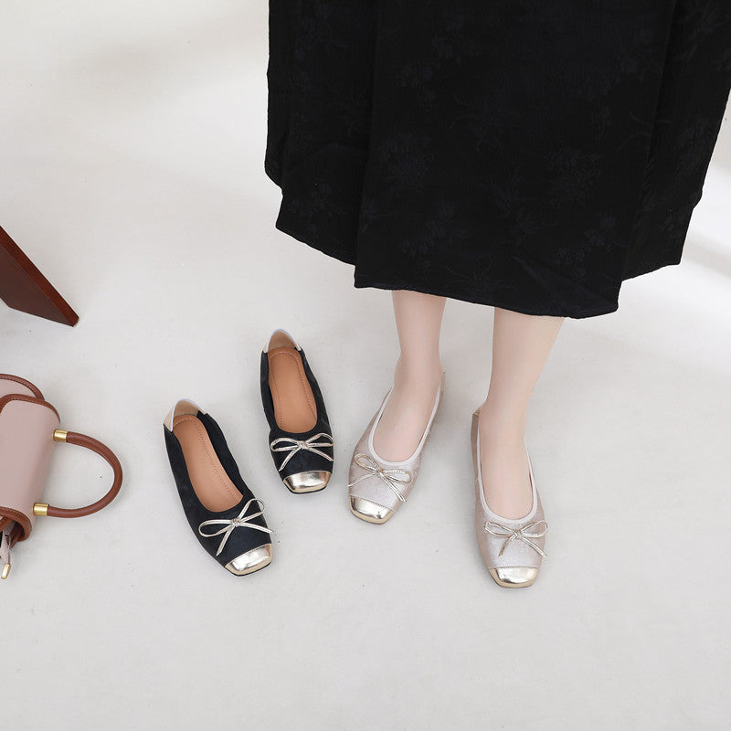 Women's & Men's Summer Sheepskin Low-cut Pumps Female Square Toe Bow Slip-on Men's Shoes