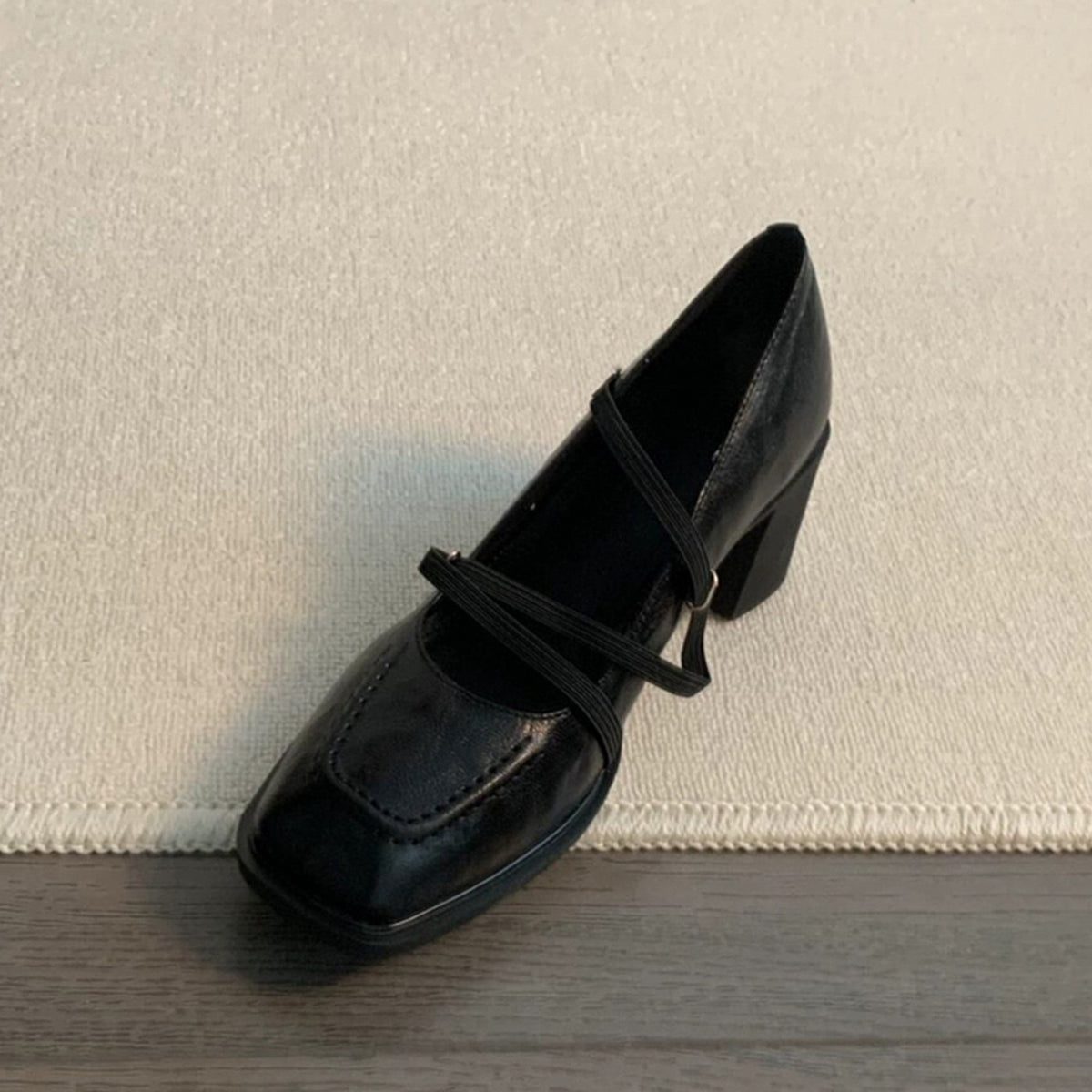 Women's Cowhide Version Retro Commuter Genuine Black Chunky Mary Jane Beautiful Heels