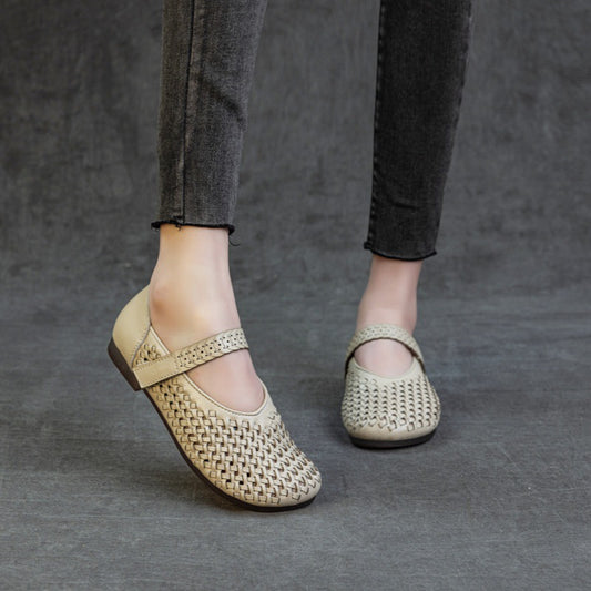 Women's Handmade Retro Hollow First Layer Cowhide Flat Bottom Casual Shoes