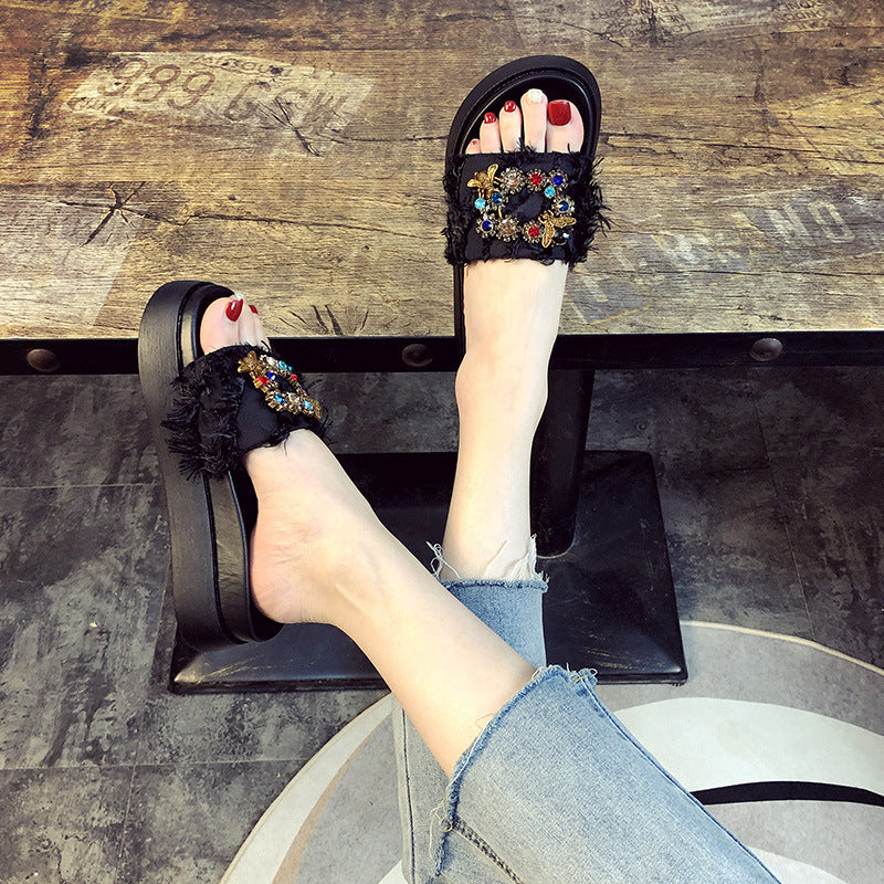 Women's Size Muffin Platform Summer Outdoor Wear Drill Buckle Height Slippers