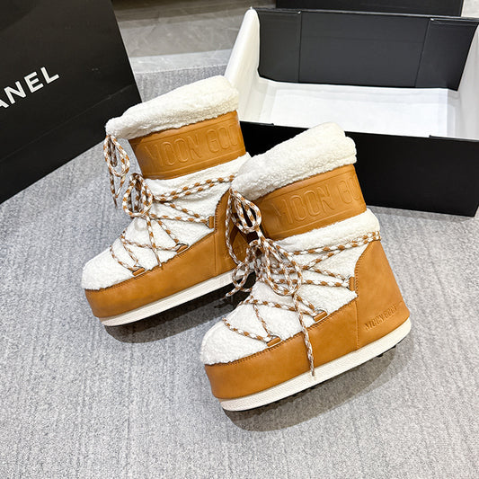 Women's Lined Padded Warm Keeping Sleeve Cotton Strap Snow Boots
