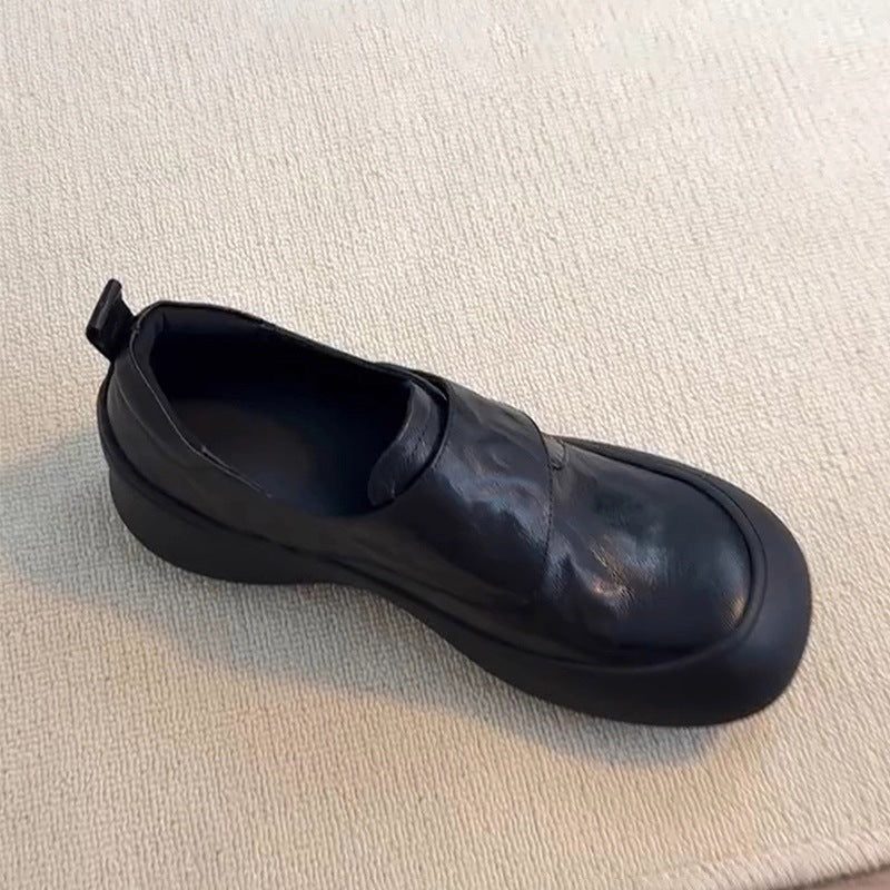 Women's Cowhide French Style Platform Slip-on Soft Bottom Commuter Black Women's Fashion Shoes