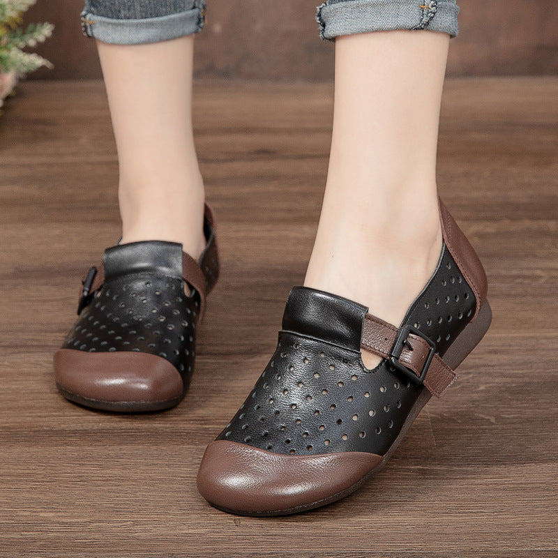 Women's Simple Big Head Flat Buckle Bottom Leather Shoes