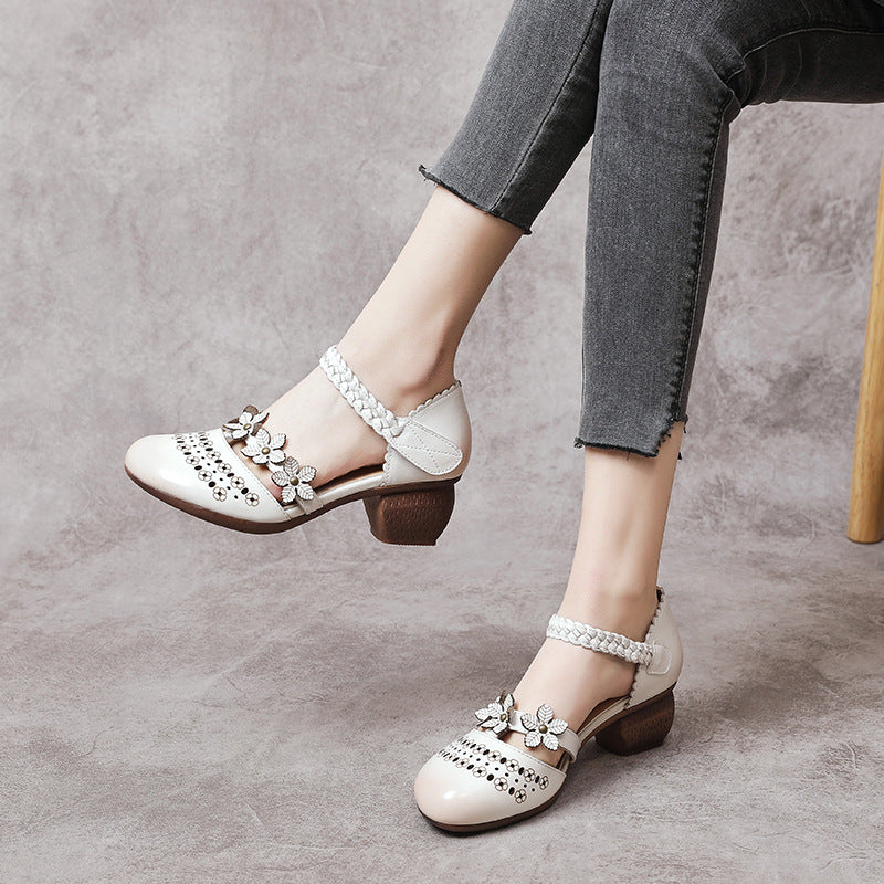 Women's Ethnic Style Thick Mid Punching Hollow Sandals