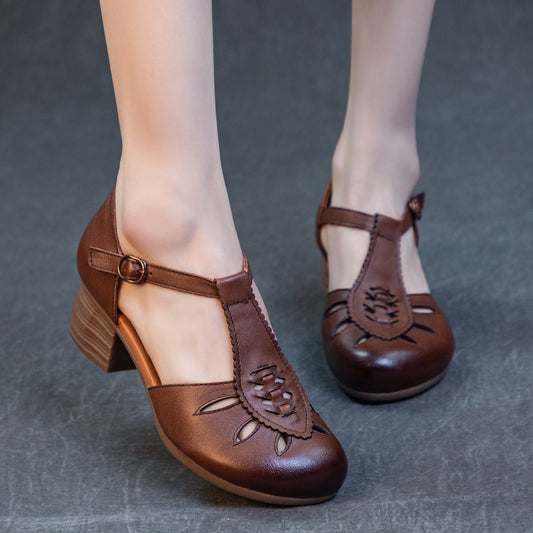 Women's First Layer Cowhide Hollowed Retro Chinese Style Thick Heels