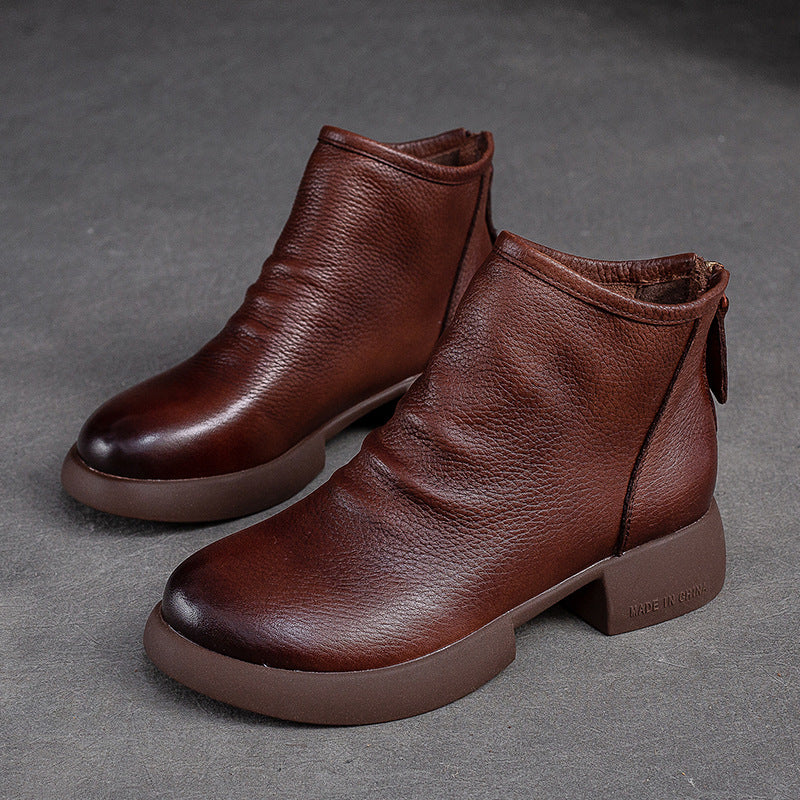 Women's Top Layer Cowhide Flat Round Head Boots
