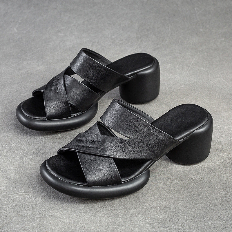 Women's Hollow Breathable High Top Layer Cowhide Heels