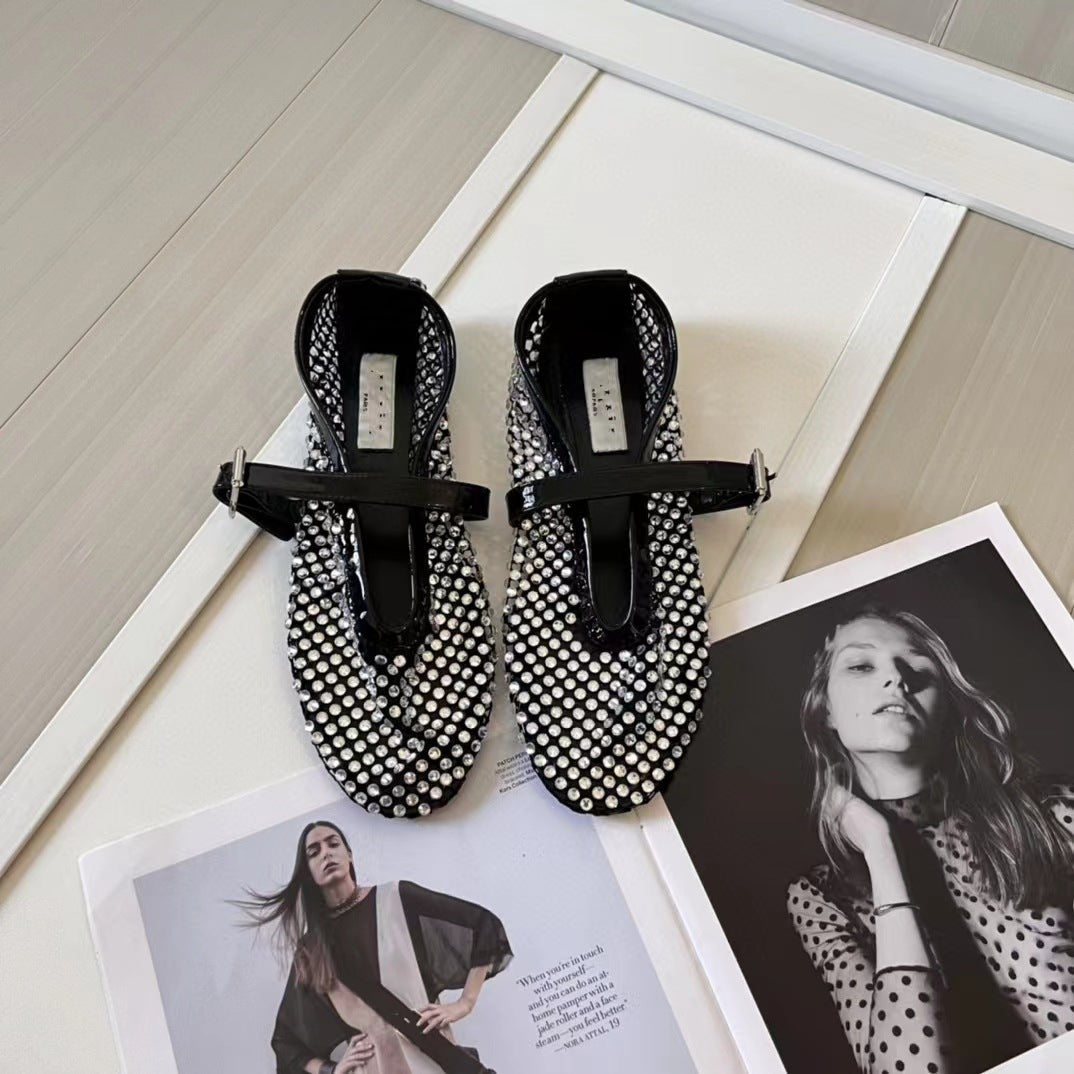 Summer Buckle Ballet Full Diamond Flat Women's Shoes