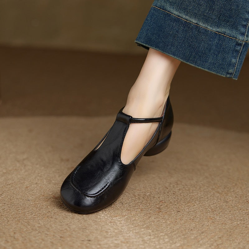 Women's Soft Cowhide Mary Jane Mid Chunky Low-cut Round Head Women's Fashion Shoes
