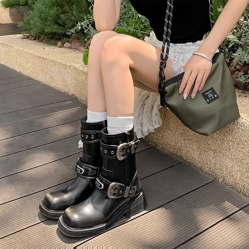 Women's Square Toe Middle Motorcycle Mid Western Boots
