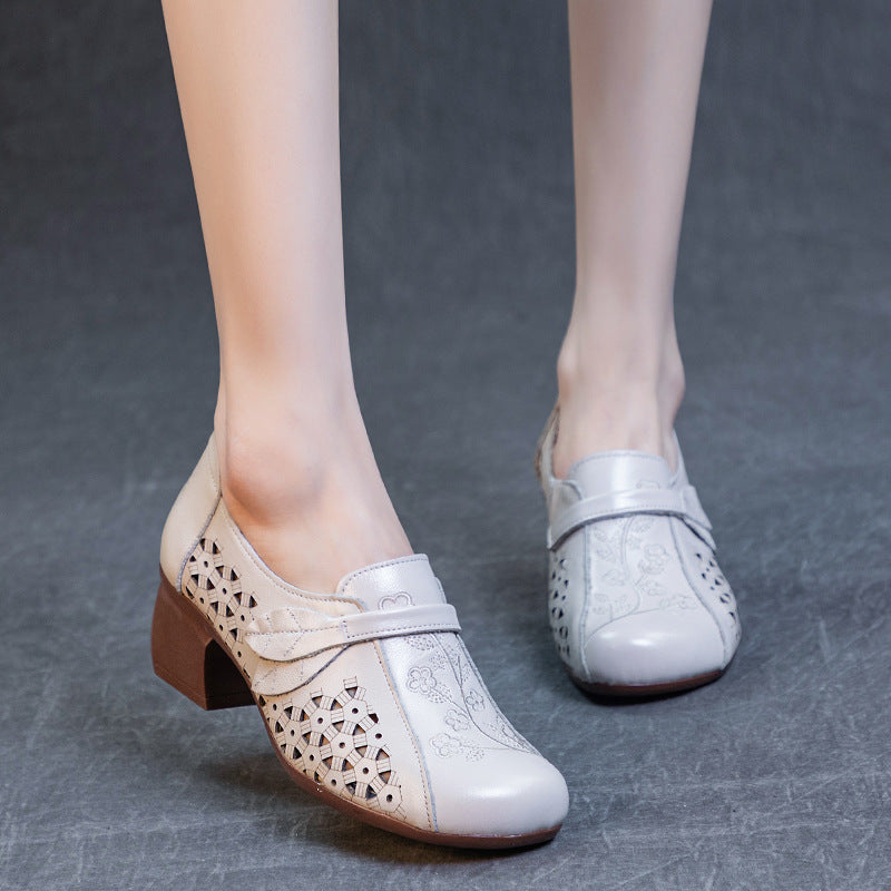 Women's Bottom Slip On Punching Pumps First Layer Cowhide Heels