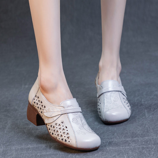 Women's Bottom Slip On Punching Pumps First Layer Cowhide Heels