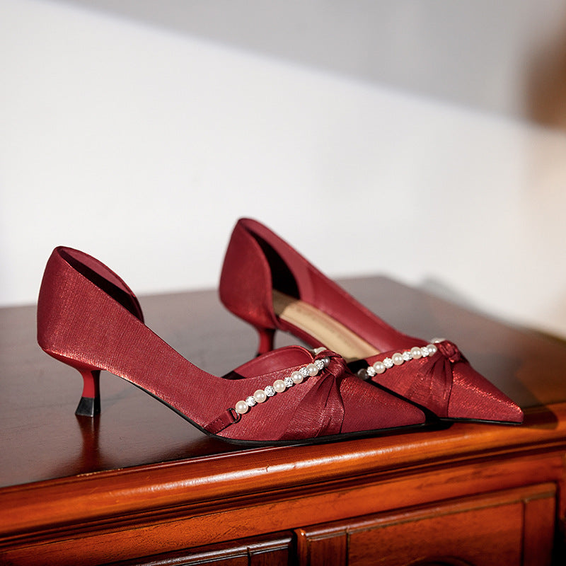 Women's Red Satin Pointed High Stiletto Twisted Women's Shoes