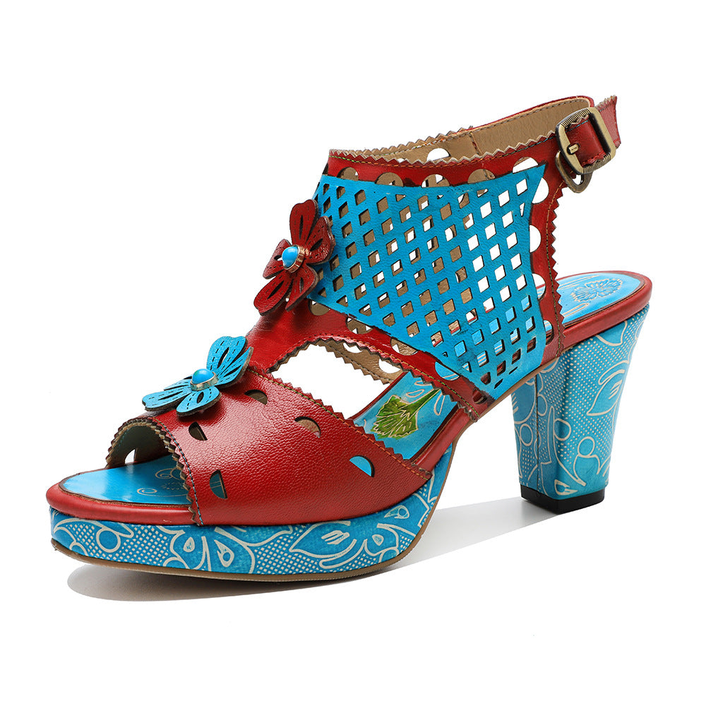 Genuine Hand-rub Color Retro Hollow Design Heels