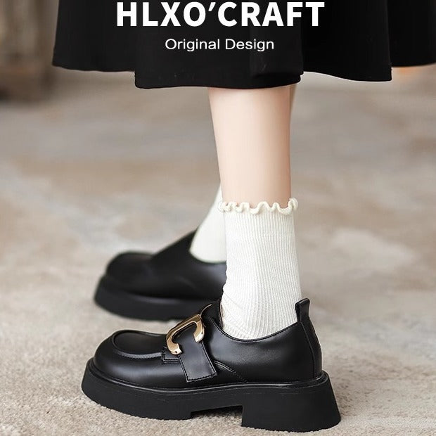 Women's Platform Black Thin Chunky British Style Loafers
