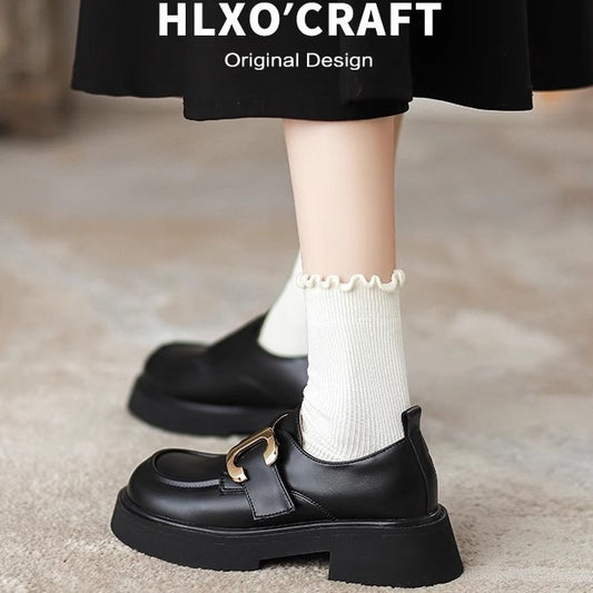 Women's Platform Black Thin Chunky British Style Loafers