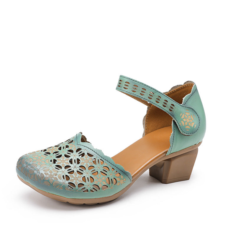 Women's First Layer Cowhide Thick Mid Round Heels