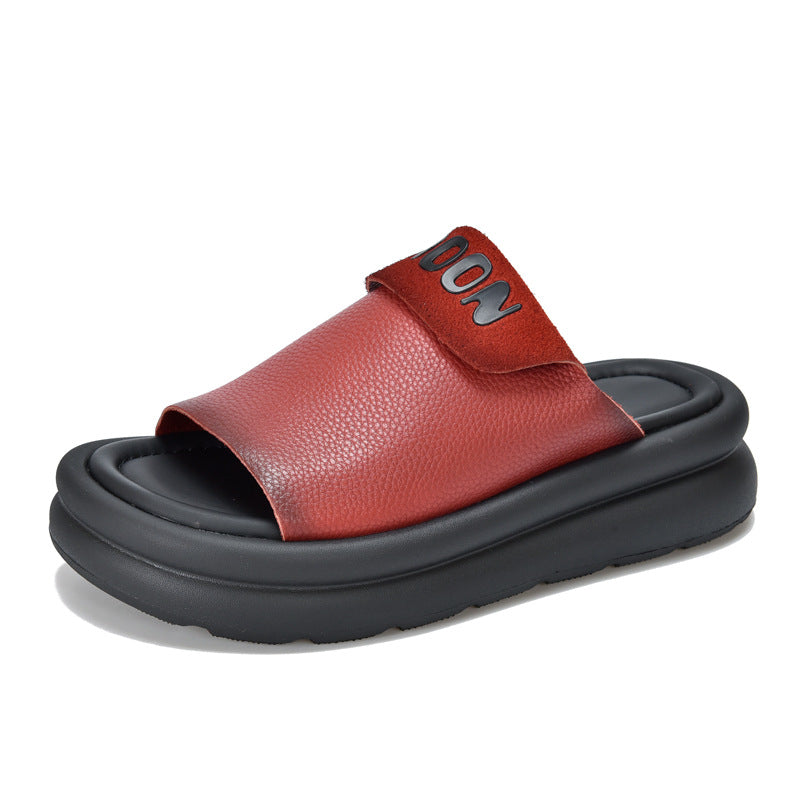 Platform Outer Wear Genuine Summer Cowhide Slippers