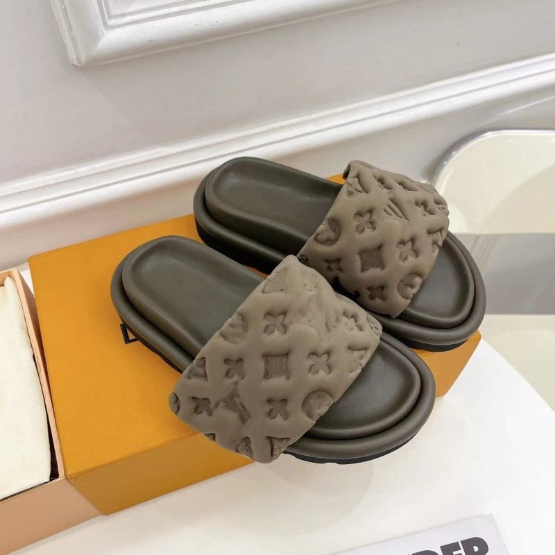 Women's & Men's Velcro Thick-soled Silk Satin Embossed One-word Sandals