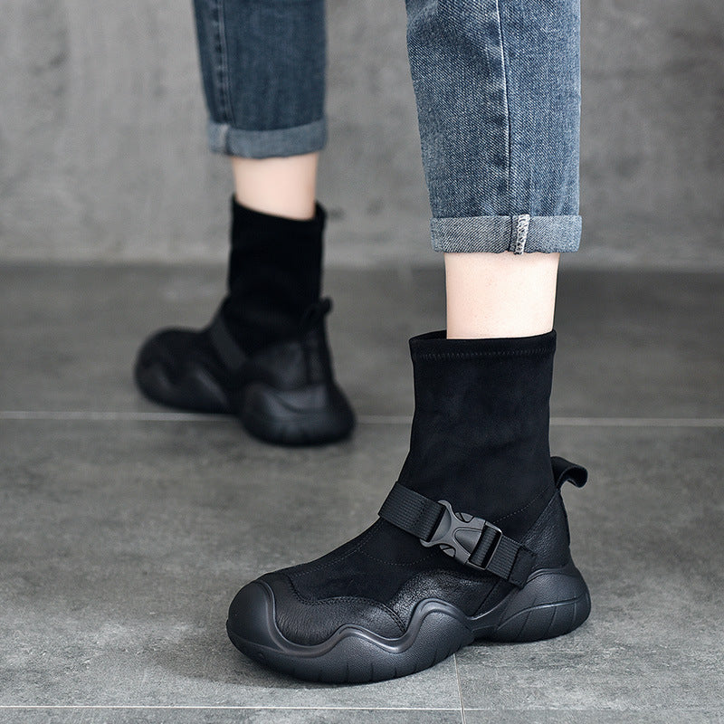 Riding First Layer Cowhide Retro Style Thick Bottom Boots